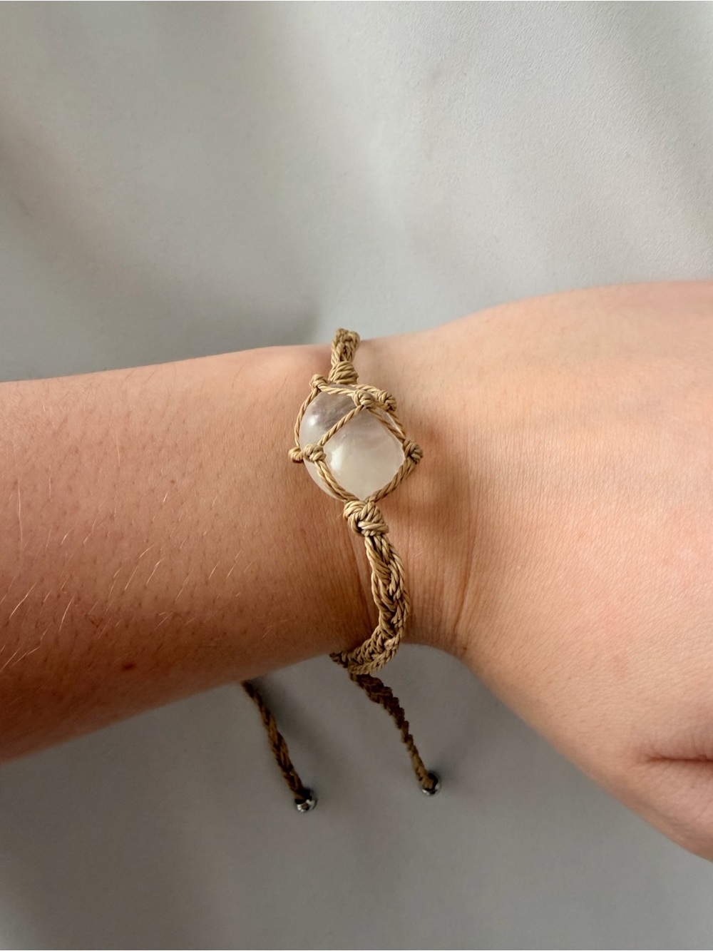 Tan Macrame Bracelet with Clear Stone